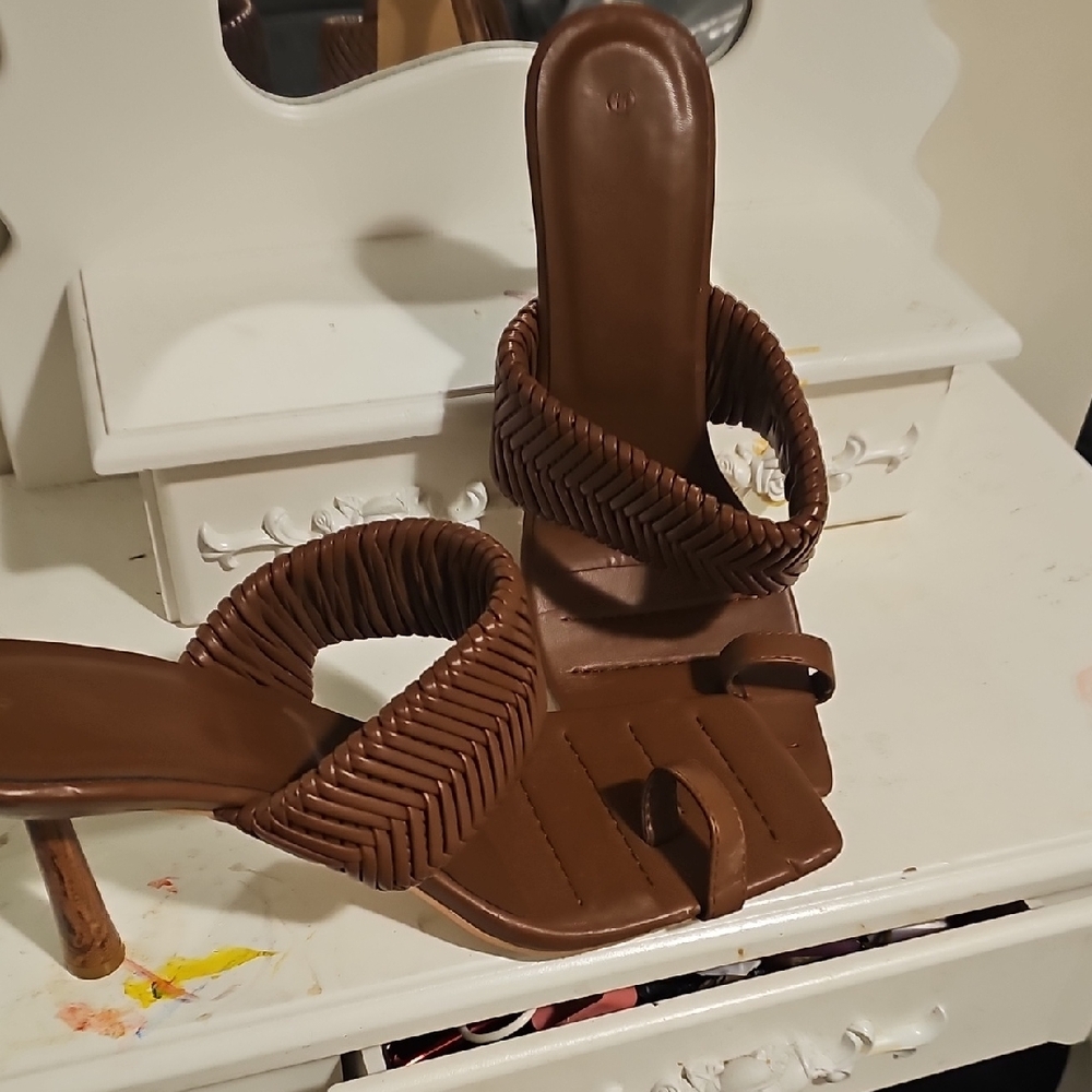 Brown Women's Braided Slip-On Heeled Sandals